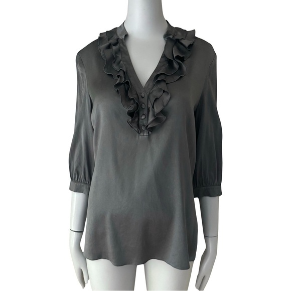 THOMAS PINK Silk Ruffle Neck Blouse Gray V- Neck 3/4 Sleeve Size 6 - Picture 1 of 16